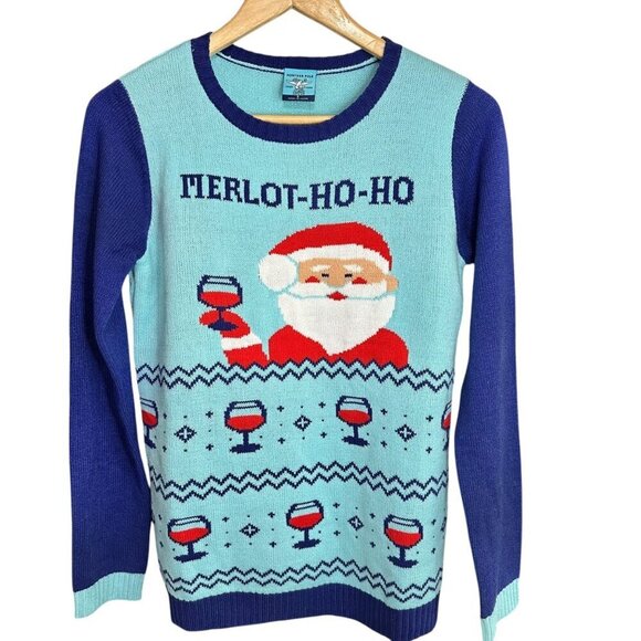 NWT Northern Pole Ugly Christmas Sweater "Merlot-Ho-Ho" Santa With Wine Glass SM - Picture 1 of 7